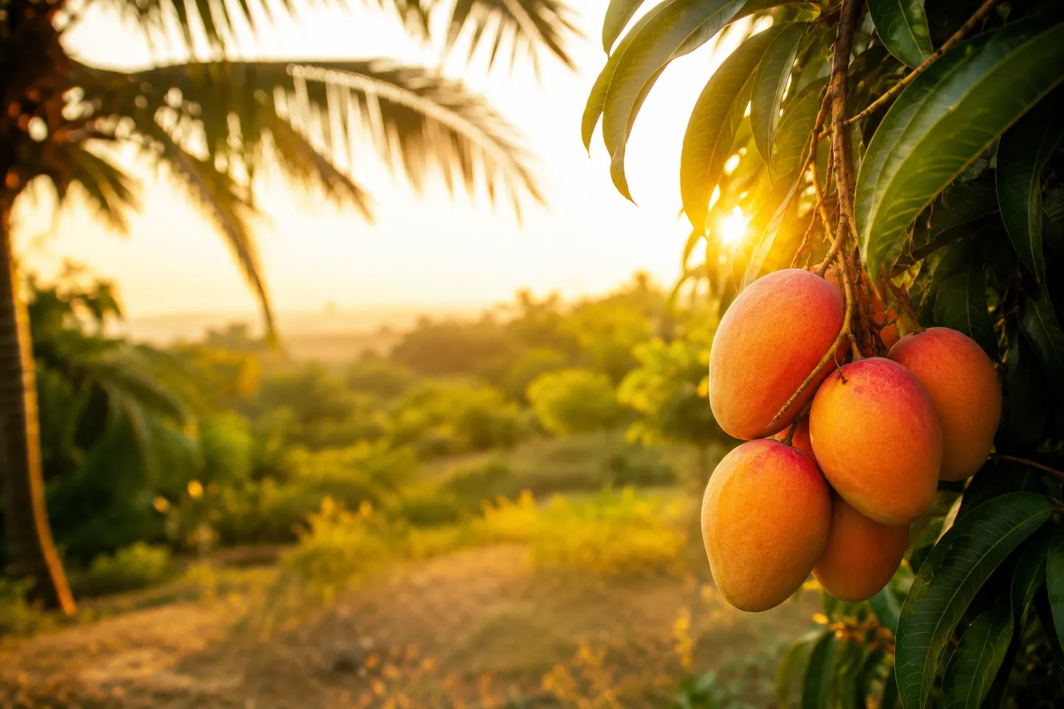 A sun-drenched, golden-hour photograph of a lush tropical grove. Warm sunlight filters softly through deep green palm fronds, highlighting a cluster of perfectly ripe, glowing orange mangoes. The mood is serene, hazy, and relaxed, embodying a soft minimalist and organic aesthetic with a color palette of deep greens, sand light, and sunset mango glows.