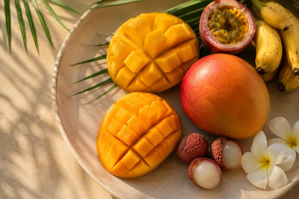 A beautifully styled flat lay of a fresh tropical fruit bowl featuring sliced mangoes on a smooth, sand-colored ceramic plate. Shot from directly above in soft, warm morning light that casts gentle shadows. The color palette emphasizes soft minimalistic cream backgrounds contrasting with vibrant mango orange and small accents of sunset pink. The vibe is fresh, organic, and appetizing.