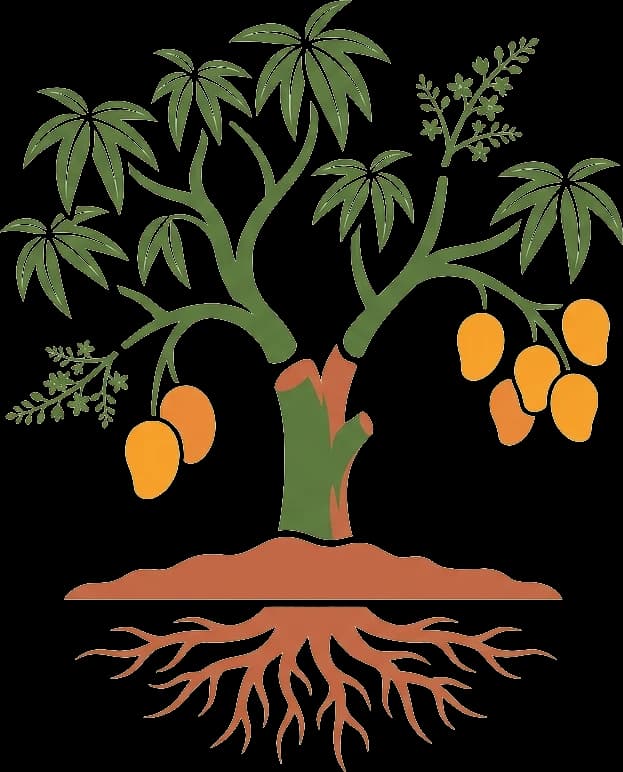 Illustration of a mango tree with its parts labelled